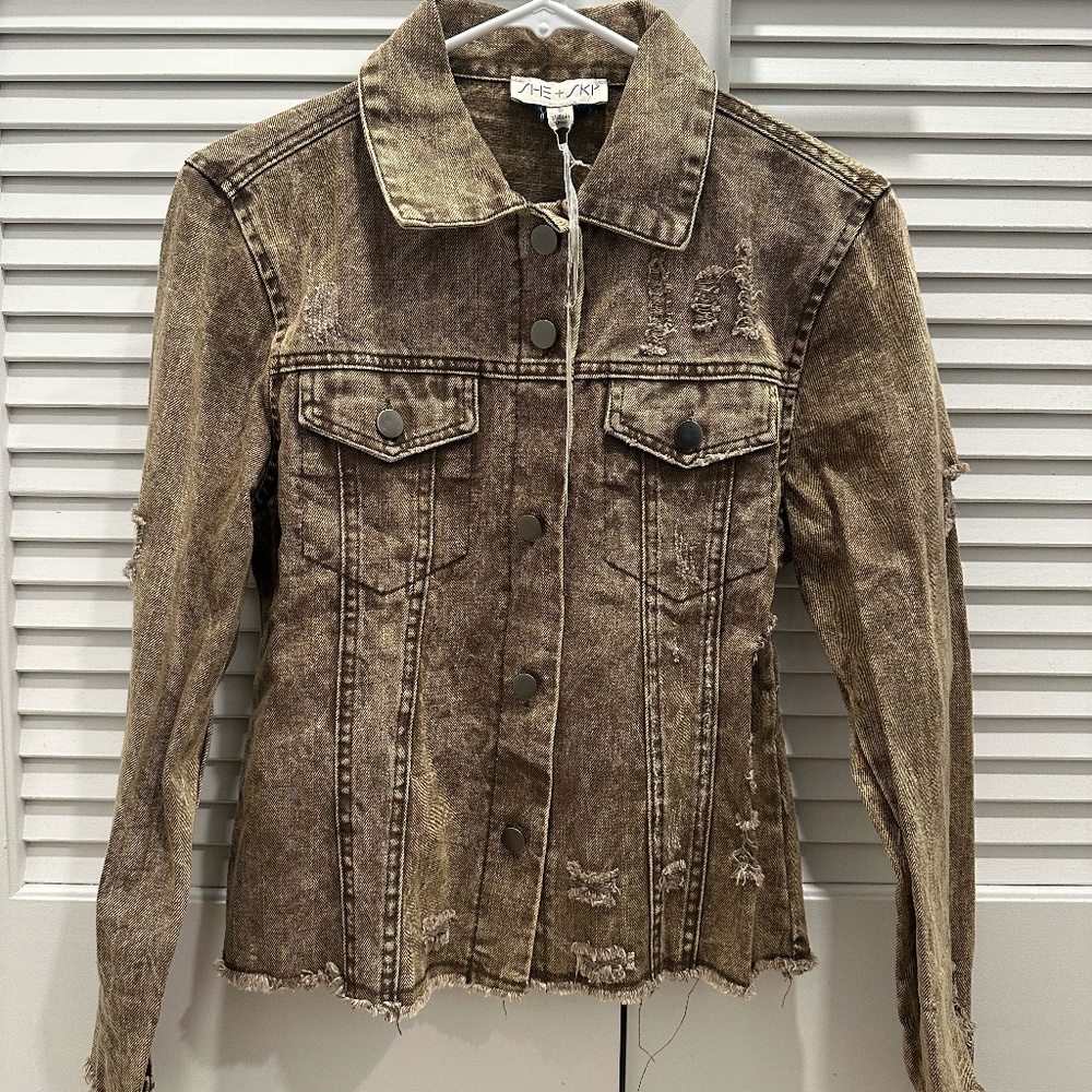 She + Sky Distressed Jean Jacket (Size Small)